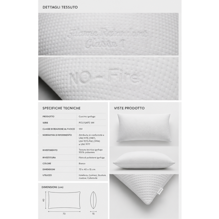 cuscino ignifugo classe 1im cadorm – serie polysafe 70x40x15 cm  1000 gr| certificato per hotel e contract